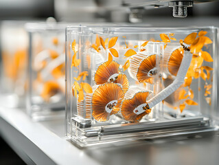 Intricate transparent display showcasing abstract bionic structures resembling fungal gills and floating organic forms. Ideal for modern art installations or scientific exhibits highlighting biomimicr