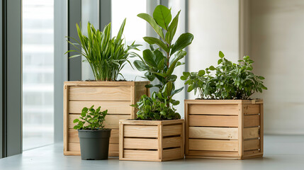 Lush green plants in diverse natural wood crates and one pot provide refreshing organic accents. Perfect for brightening modern interiors office spaces or serene home environments