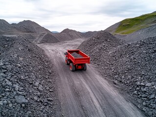 Red truck carries gravel in quarry