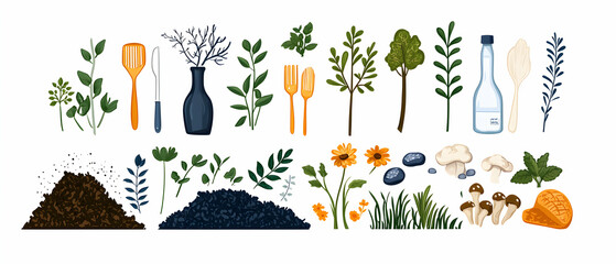 This vibrant illustration showcases diverse elements of gardening and healthy cooking offering a natural organic and earthy feel Ideal for eco-friendly product packaging and lifestyle design