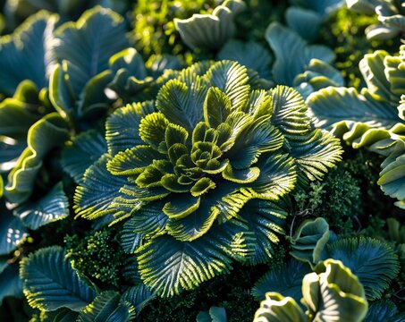 Close up of plant with wavy leaves and rosette form among green plants, ideal for nature - Powered by Adobe