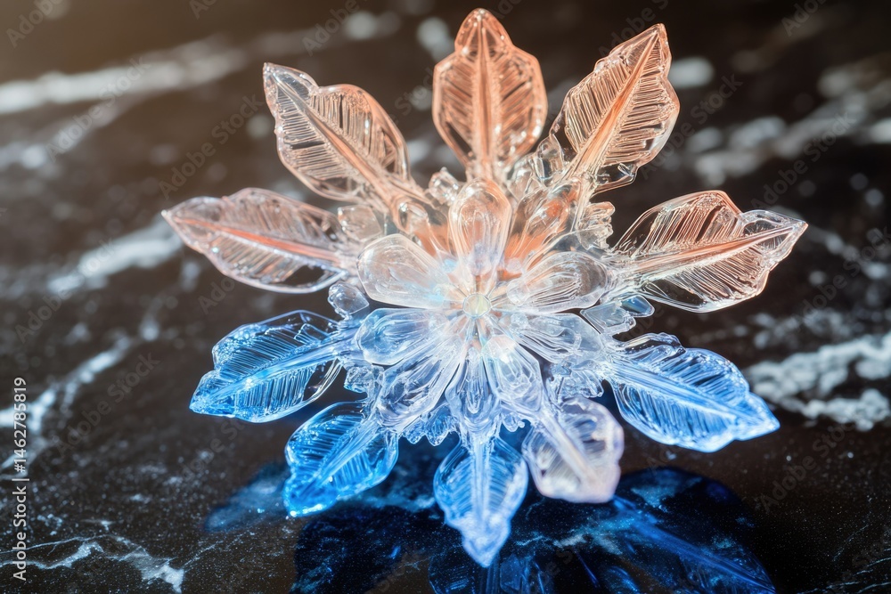 Poster a stunning close-up of a unique snowflake, showcasing intricate details and a captivating color grad