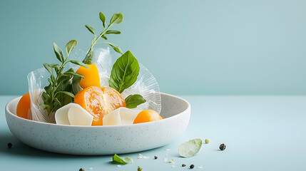 Fresh ingredients including orange fruit and herbs nestled with plastic film in a speckled bowl suggests food preparation and environmental awareness Ideal for food waste or sustainability campaigns