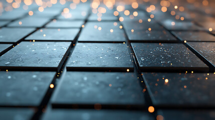 Close up view of textured surface with dark tiles, featuring sparkling particles and shimmering effect, creating captivating atmosphere