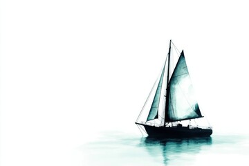 Fototapeta premium A solitary sailboat glides serenely across a calm, white sea under a clear sky.