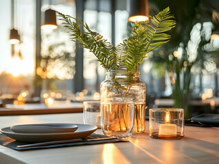 A beautifully set restaurant table bathed in the warm glow of evening light. A fern arrangement a candle and sparkling glasses create an inviting atmosphere. This scene is ideal for showcasing elegant