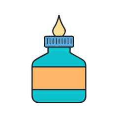 Illustration of a teal alcohol burner bottle with a yellow flame for science experiment
