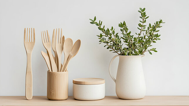 Natural kitchen essentials displayed on a wooden surface fostering an eco-friendly and serene home environment perfect for sustainable living and healthy dining.