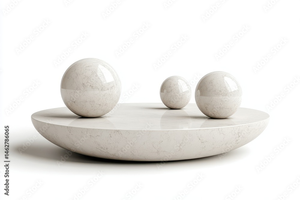 Poster Three glossy spheres resting on a smooth white platform create an elegant display in a minimalist setting designed for contemporary interiors