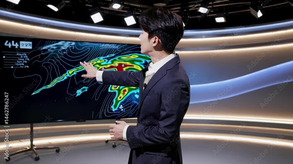 Poster a man in a suit presents weather data on a large screen in a modern studio. the video is shot from a