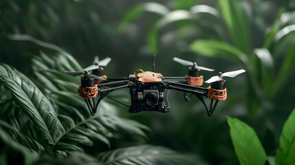 A drone with a camera captures nature's beauty amidst vibrant green leaves suggesting environmental monitoring or remote inspection.
