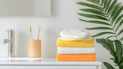 A pristine bathroom counter displays eco-friendly toothbrushes a neatly stacked set of colorful towels and a natural plant. Ideal for promoting bathroom organization and sustainable living spaces