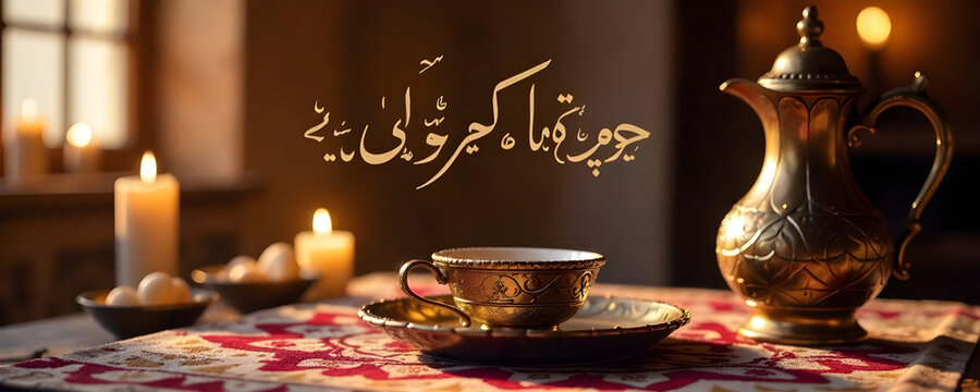 text="Joyful Eid Mubarak Greetings 2026" on a warm traditional Middle Eastern home background with intricately woven textiles, soft candlelight, and an Arabian coffee setup. Copperplate script font, 9