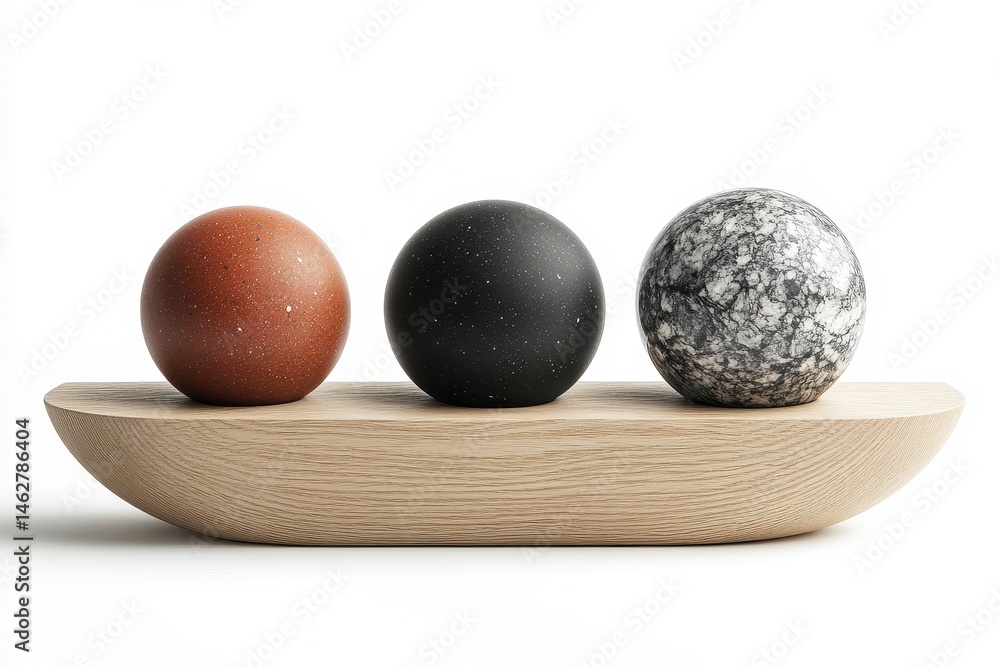 Aufkleber Three glossy spheres resting on a smooth white platform create an elegant display in a minimalist setting designed for contemporary interiors