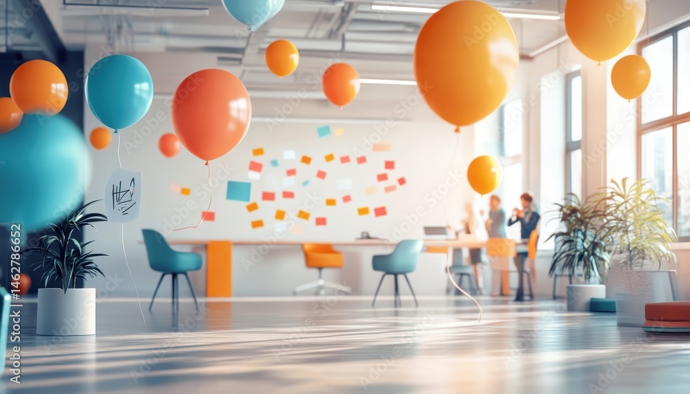 Poster Team members engage in a brainstorming session in a brightly lit modern office with colorful decor and plants during the day