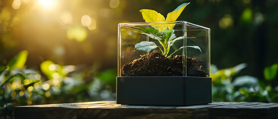 A vibrant plant thrives in a modern glass enclosure on a sunlit table promoting sustainable growth and eco-friendly home decor. Great for nature conservation presentations and innovative plant care co
