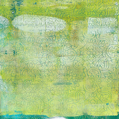 Green-yellow texture with blue-print stamping, printed using the Gelli printing process.