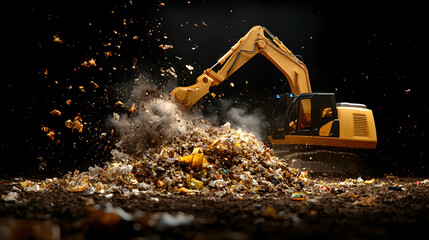 An excavator powerfully moves a large pile of debris creating a dramatic dust cloud. Ideal for themes of recycling waste management construction environmental cleanup or industrial activity.