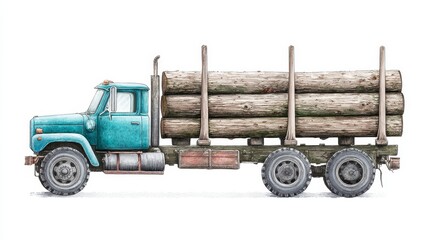 Obraz premium Log Truck Hauling Timber - Teal log truck carrying a load of timber against a white background. Perfect for lumber, forestry, and transportation themes