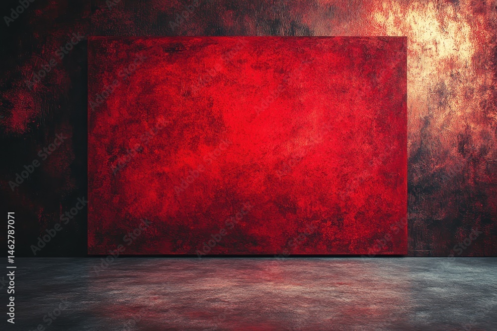 Aufkleber Artwork displays a bold red canvas against a textured wall in an art gallery setting, inviting viewers to explore emotions and interpretations in a minimalist environment