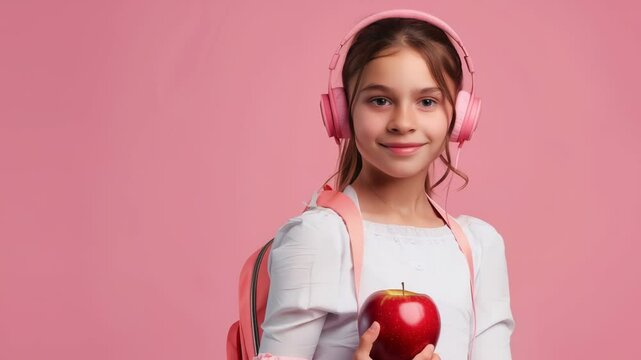 A girl wearing pink headphones and a backpack holds an apple. She's dressed in white shirt and standing against a matching pink background. She has a warm, subtle smile.