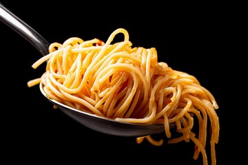 A silver spoon holds a generous portion of spaghetti coated in sauce, showcased against a black backdrop to emphasize its color and texture