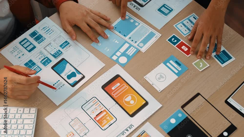 Poster panorama video of startup company employee planning on user interface prototype for mobile applicati