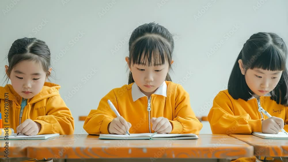 Poster three young students are sitting side-by-side at their desks, deeply engrossed in their writing task