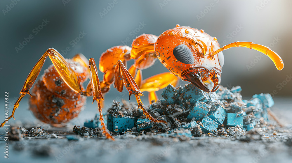 Poster a close-up image of a detailed ant with a shiny orange body. the ant interacts with blue and gray fr