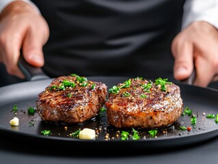 Two cooked steaks in a frying pan