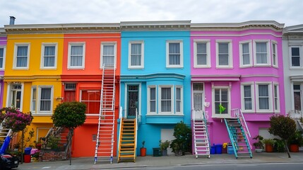 Obraz premium Equality depicted entire neighborhood repainting homes in coordinated colors ladders and brushes everywhere