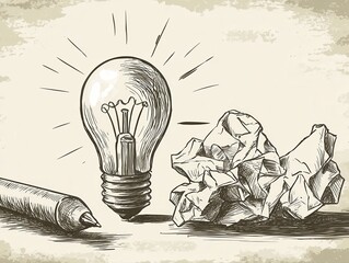 A vintage-style illustration of an incandescent light bulb, a crumpled piece of paper, and a pen.  The bulb shines brightly, while the paper represents discarded ideas