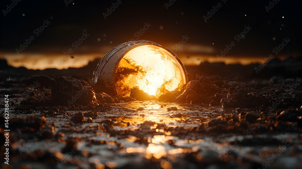 Poster an alien orb glows brightly on a desolate landscape. perhaps it powers a civilization or holds a uni