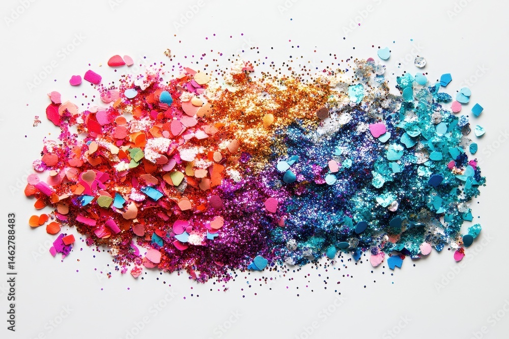 Poster Colorful glitter mix spread on a white surface showcasing an array of hexagonal shapes perfect for arts and crafts