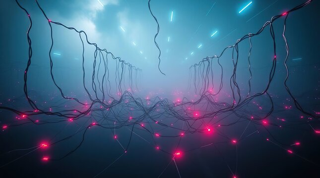 Abstract digital pathway, glowing with vibrant neon light,  and network of  organic tendrils.  Dynamic and futuristic scene
