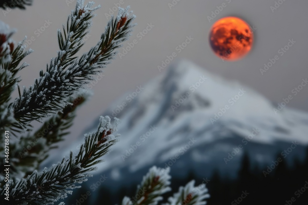 Poster frost-covered pine branch in foreground with a snowy mountain and a red moon in the background.