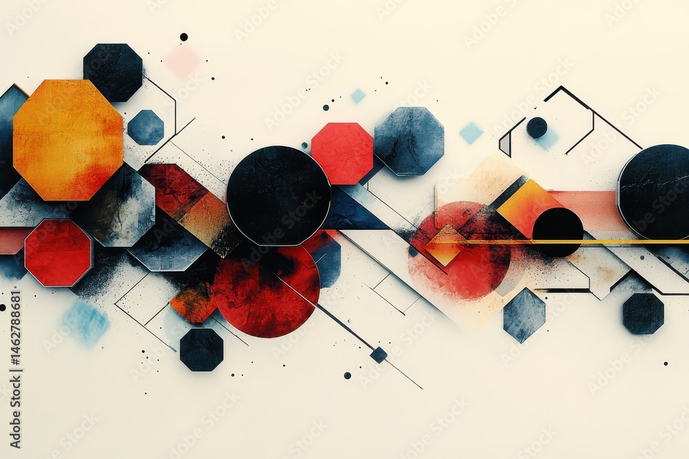 Poster Vibrant abstract mural showcasing geometric shapes and dynamic colors in an urban setting during daylight