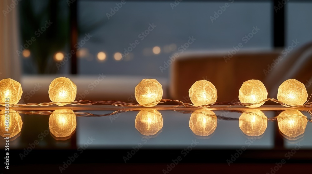 Poster Elegant floating light fixtures illuminate a modern space during a serene afternoon, creating captivating reflections on polished surfaces