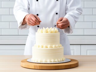 Chef decorating two-tiered cake