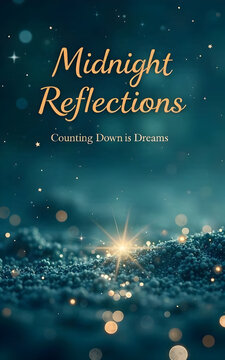 text="Midnight Reflections: Counting Down to Dreams" in a serene background of a galaxy with subtle starry twinkles and a soft, misty glow. Elegant Copperplate font, 48 pt, justified with normal lette