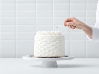 Decorator applying frosting to a white cake