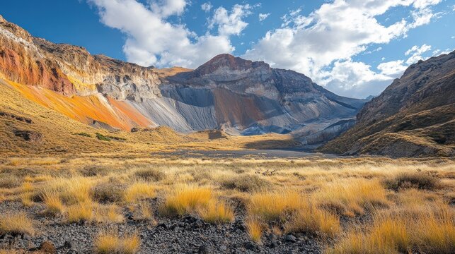 Colorful mountain range, autumn grasslands, sunny sky, scenic landscape, travel poster