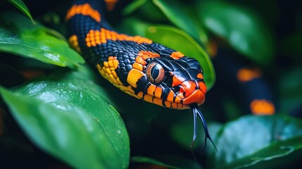 Obraz premium Colorful snake in lush foliage, jungle background, wildlife photography