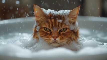 A comical scene of a grumpy tabby cat reluctantly sitting in a bathtub, covered in bubbles, with an annoyed expression