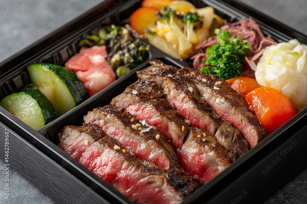 Poster black box with a variety of meat and vegetables inside. the meat is cut into slices and the vegetabl
