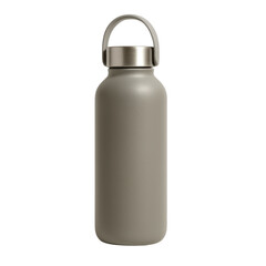 Matte grey brown reusable stainless steel water bottle with metal lid and loop handle isolated on transparent background
