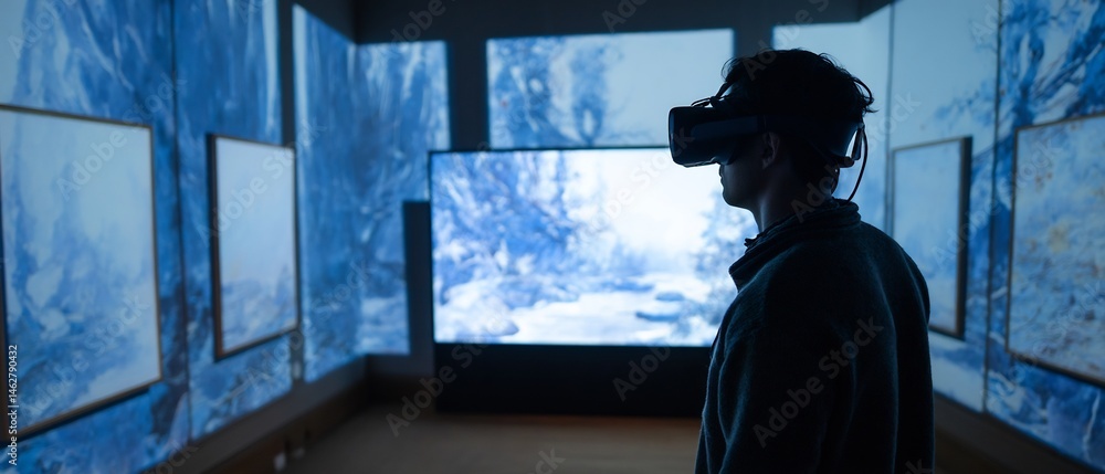 Poster immersive experience: a person exploring a virtual reality environment with a headset