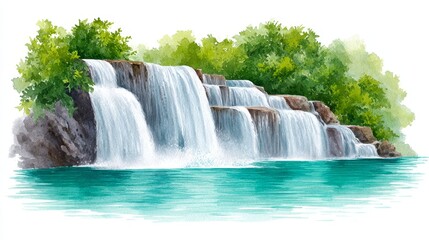 Serene Waterfall Landscape - A picturesque watercolor painting of a waterfall cascading into a tranquil teal pool, surrounded by lush green foliage