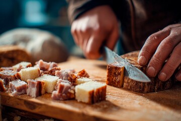 Hands chop fresh bread and cured meat on a wooden cutting board in a warm, rustic kitchen. Sunlight highlights the textures and details, creating a cozy atmosphere