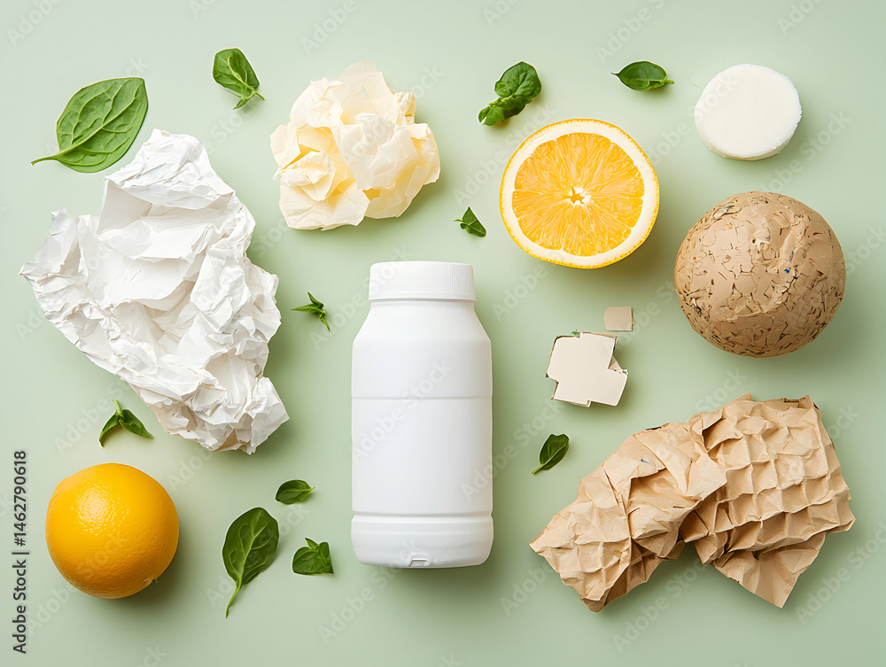 Poster a vibrant overhead shot of various natural and manmade items against a soft green background. great 
